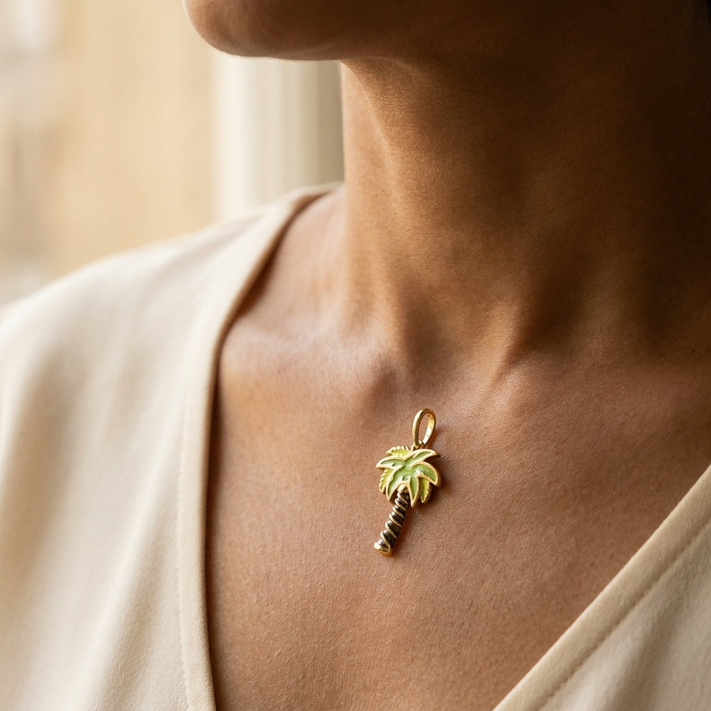 18K Gold Palm Tree Pendant worn