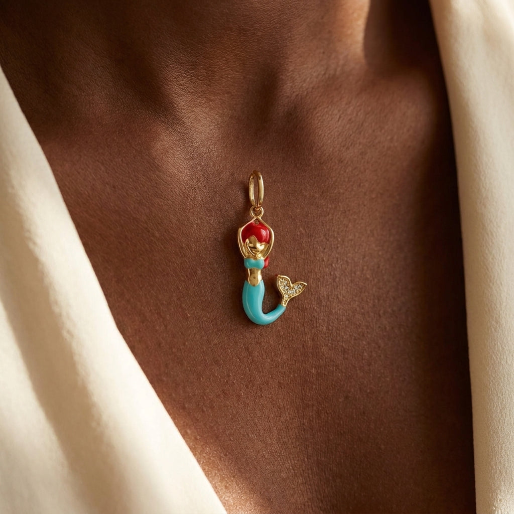 18K Gold Mermaid Pendant worn