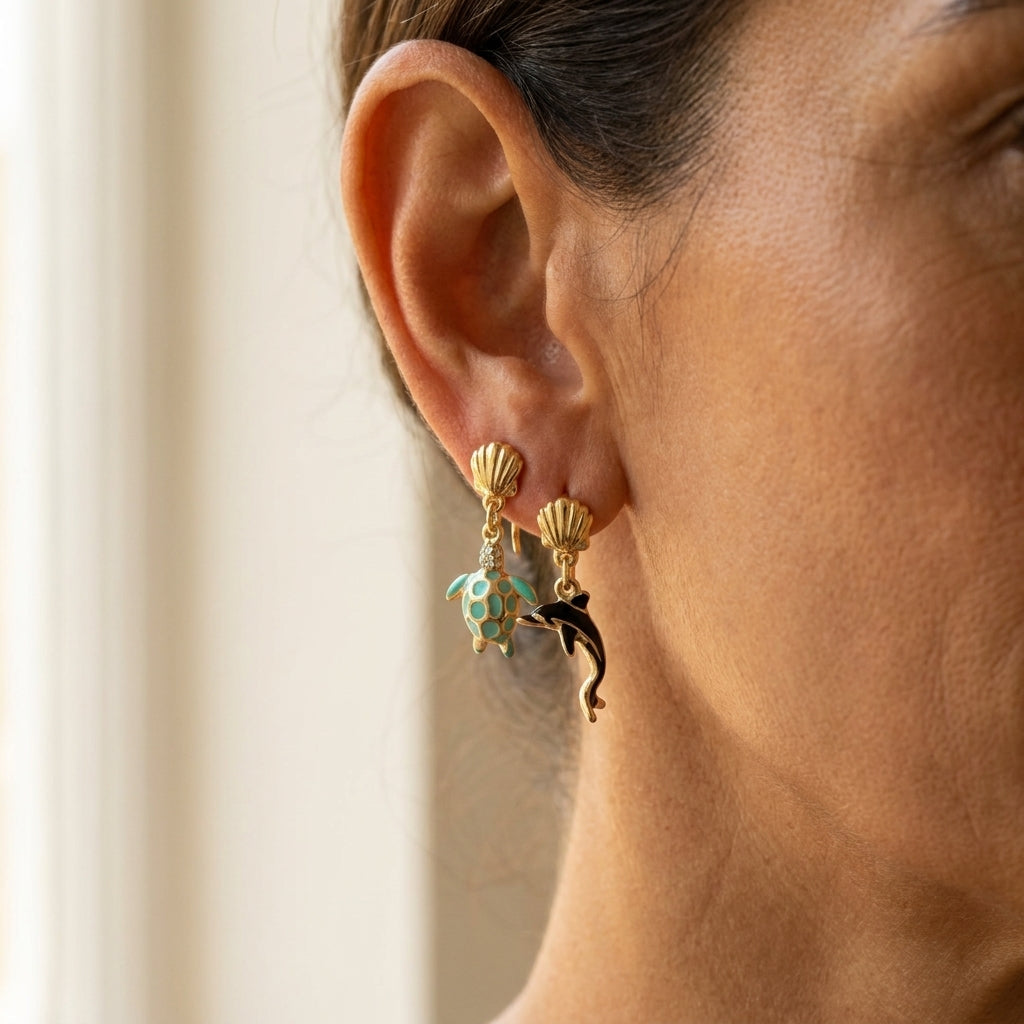 Eau Turtle & Dolphin Earrings worn
