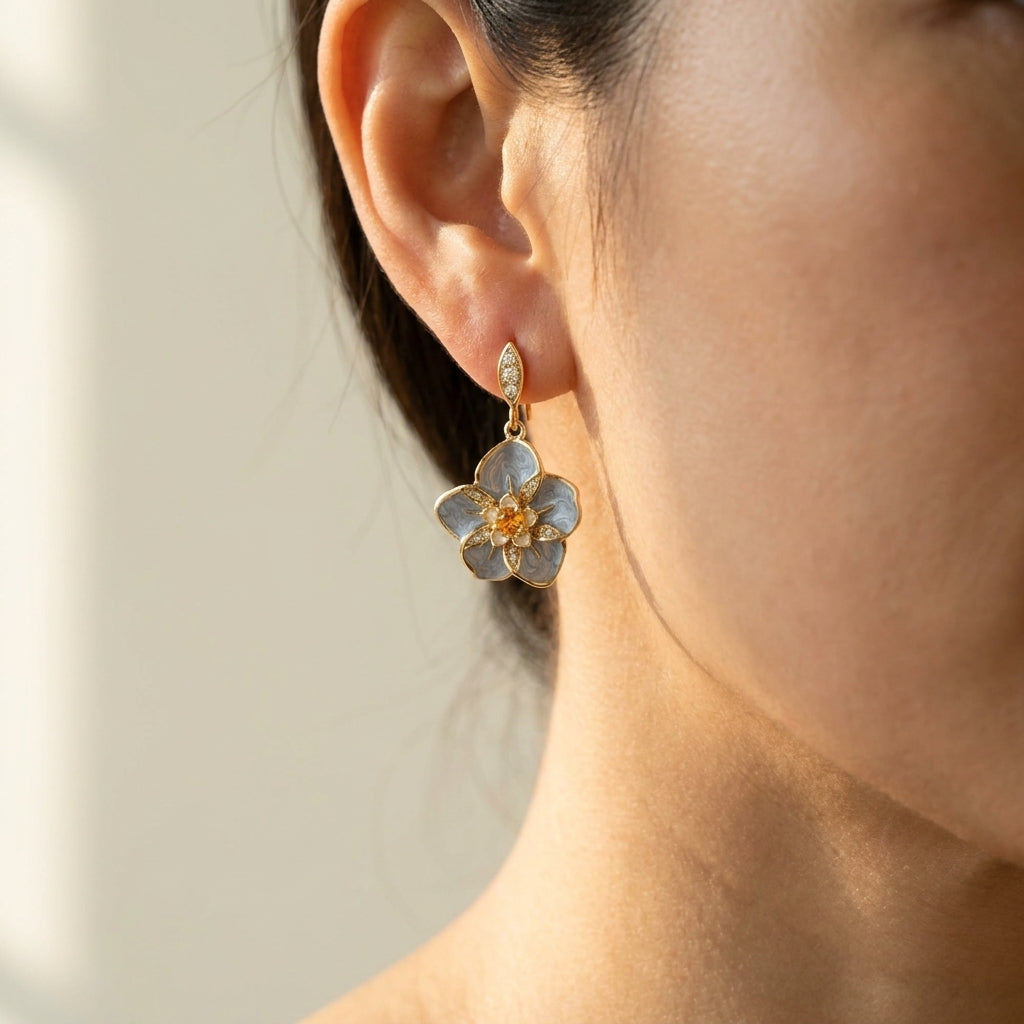 Eau Hibiscus Flower Earrings worn