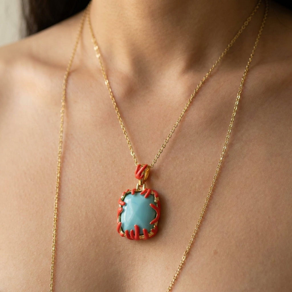 Pretty Little Things Coral Blue Stone Pendant Necklace worn