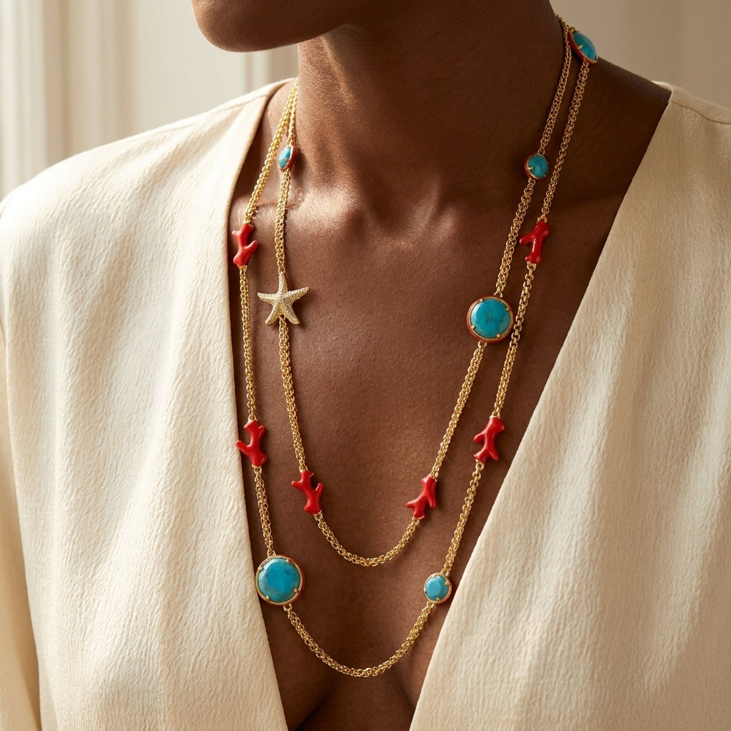 Pretty Little Things Coral Long Necklace worn