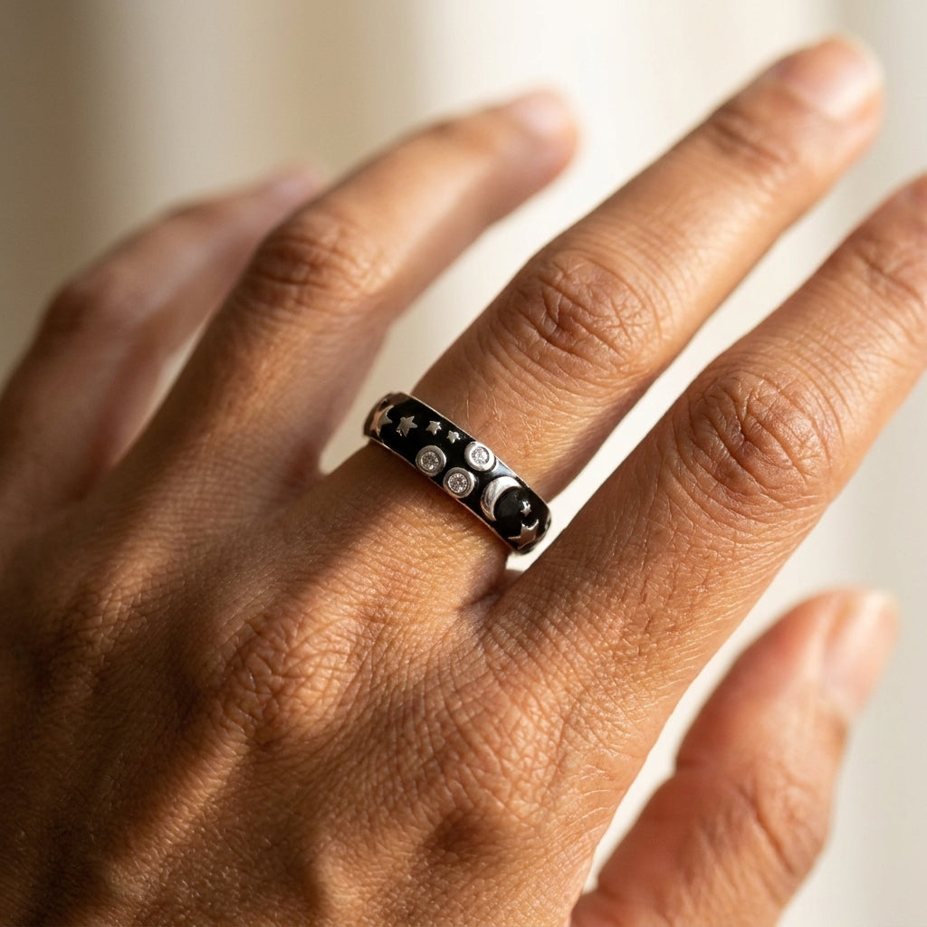 Stars of Night Stackable Ring worn