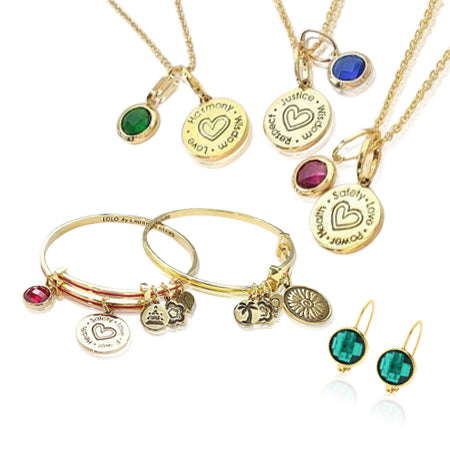 Initial letter and birthstone charm jewelry – personalized bangles necklaces and earrings at Lauren G Adams