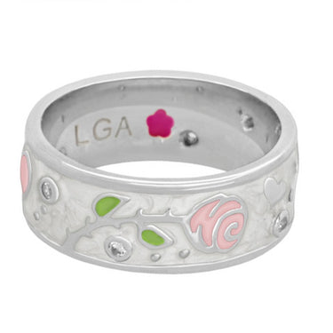 Daisy Love Band Ring in beige enamel on a rhodium-plated brass band