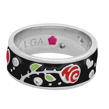 Daisy Love Band Ring in black enamel on a rhodium-plated brass band