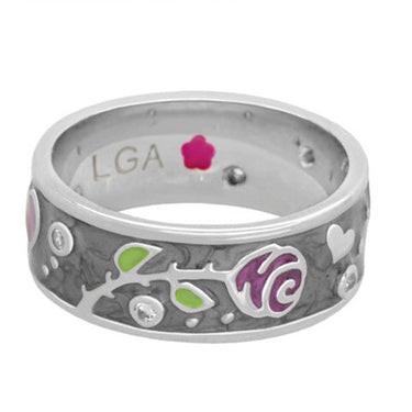 Daisy Love Band Ring in gray enamel on a rhodium-plated brass band