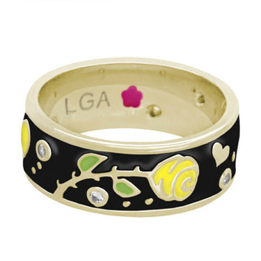 Daisy Love Band Ring in black enamel on a gold-finish brass band