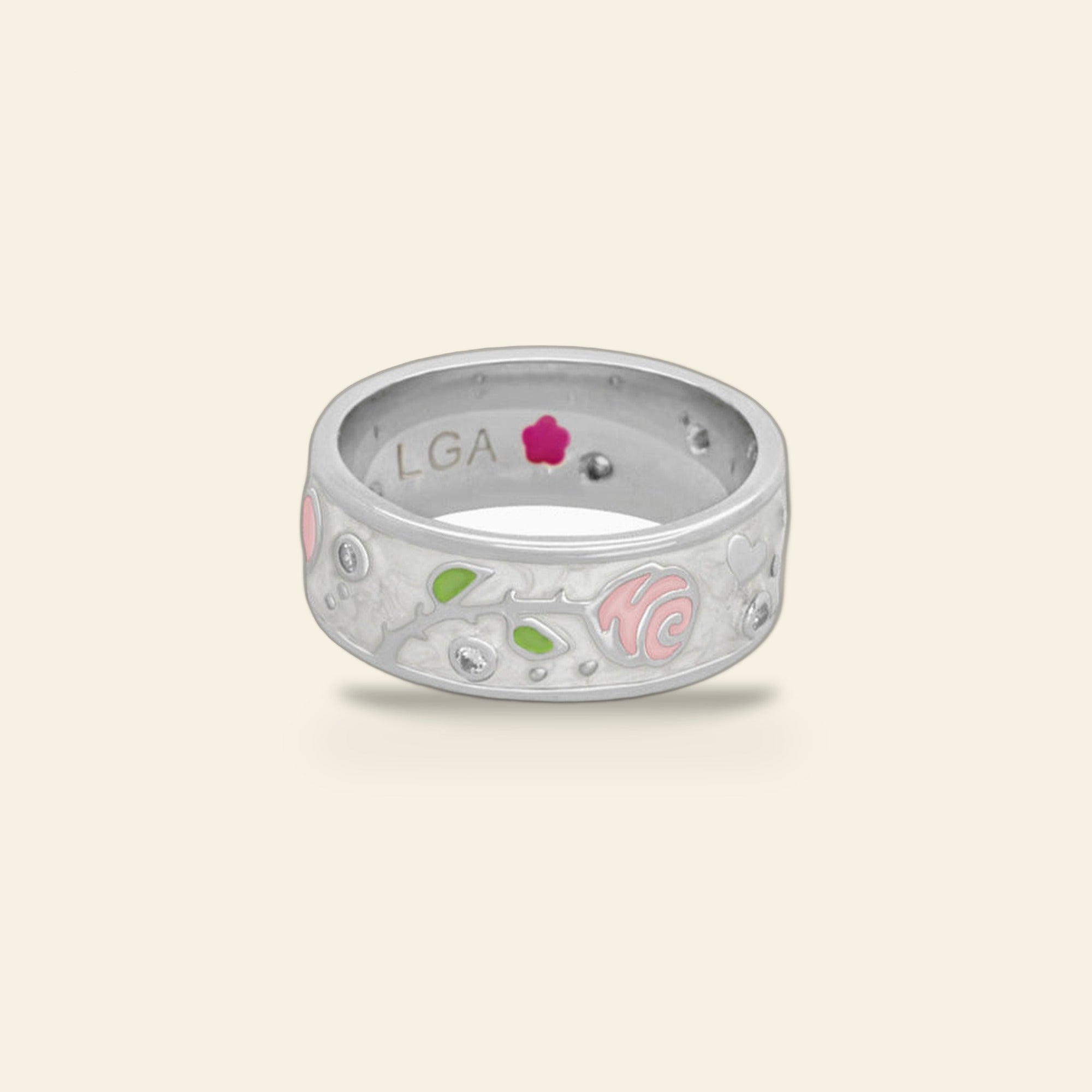 Daisy Love Band Ring with daisy enamel motif and cubic zirconia accents