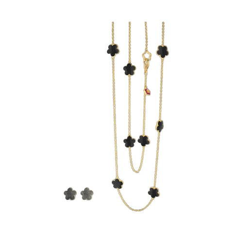 Black Enamel Daisy Love Necklace & Earrings Set