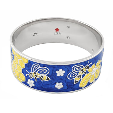 Animal Paradise rhodium-plated bee bangle with hand-painted blue enamel and cubic zirconia