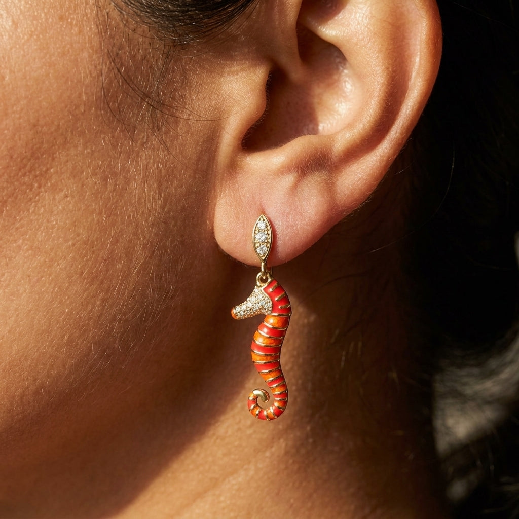 Eau Seahorse Earrings worn
