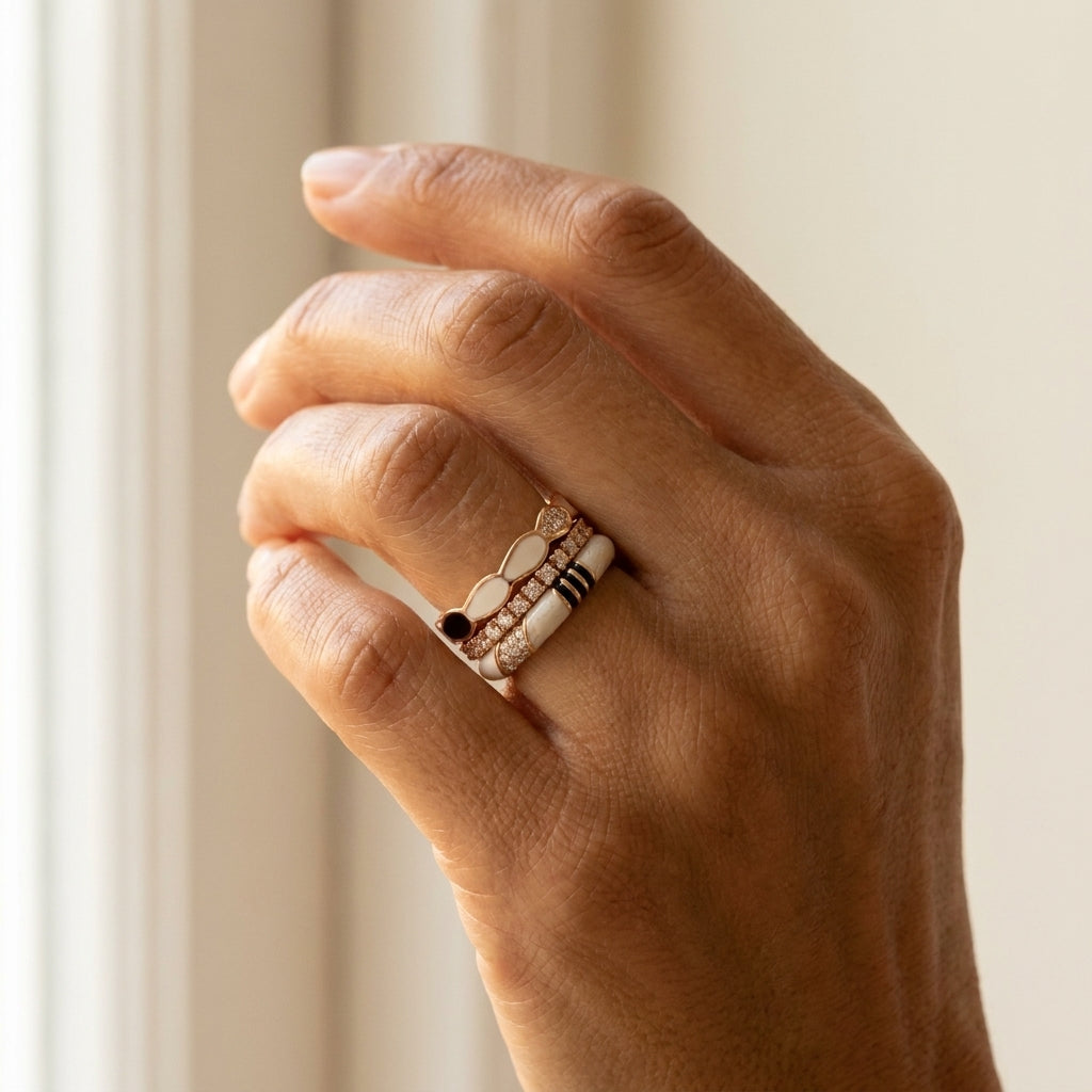 Moon Flower Stackable Ring Set worn